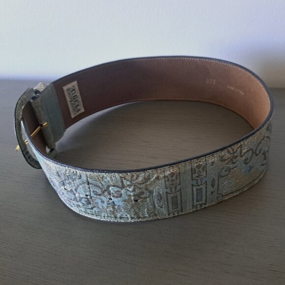 Gianfranco Ferre Italy Wide Belt Turquoise Leather Metallic Paisley Vintage 90s main image 6